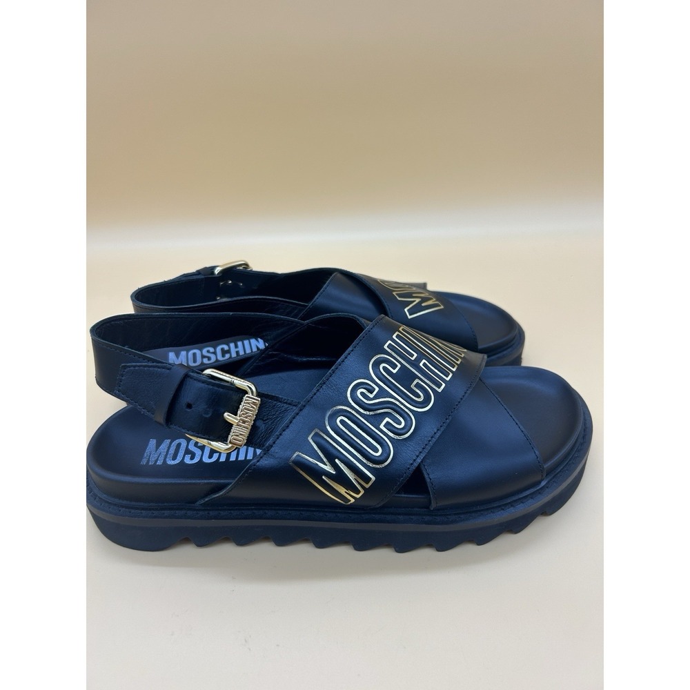 Moschino Milano Black Gold Logo Criss Cross Slingback Sandals EU 41 US W 10/ M 8